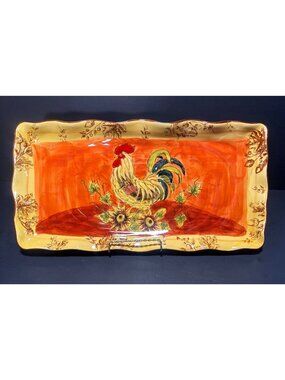 Maxcera Hand-Painted Ceramic Orange Rooster Serving Platter Rectangular
